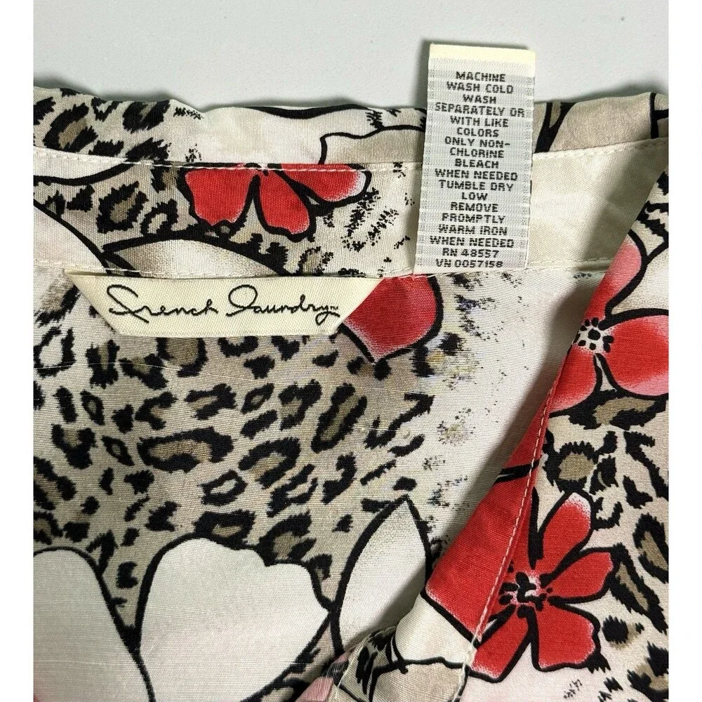 French Laundry 100% Silk Blouse Sz XL Floral Animal Print Boho Artsy